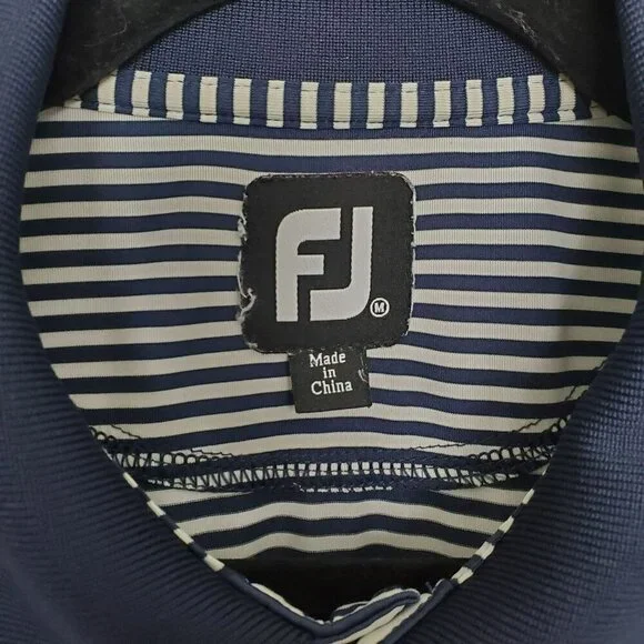 FootJoy Mens Golf Polo Size M Blue White Striped Short Sleeve Button LOGO - Picture 2 of 9